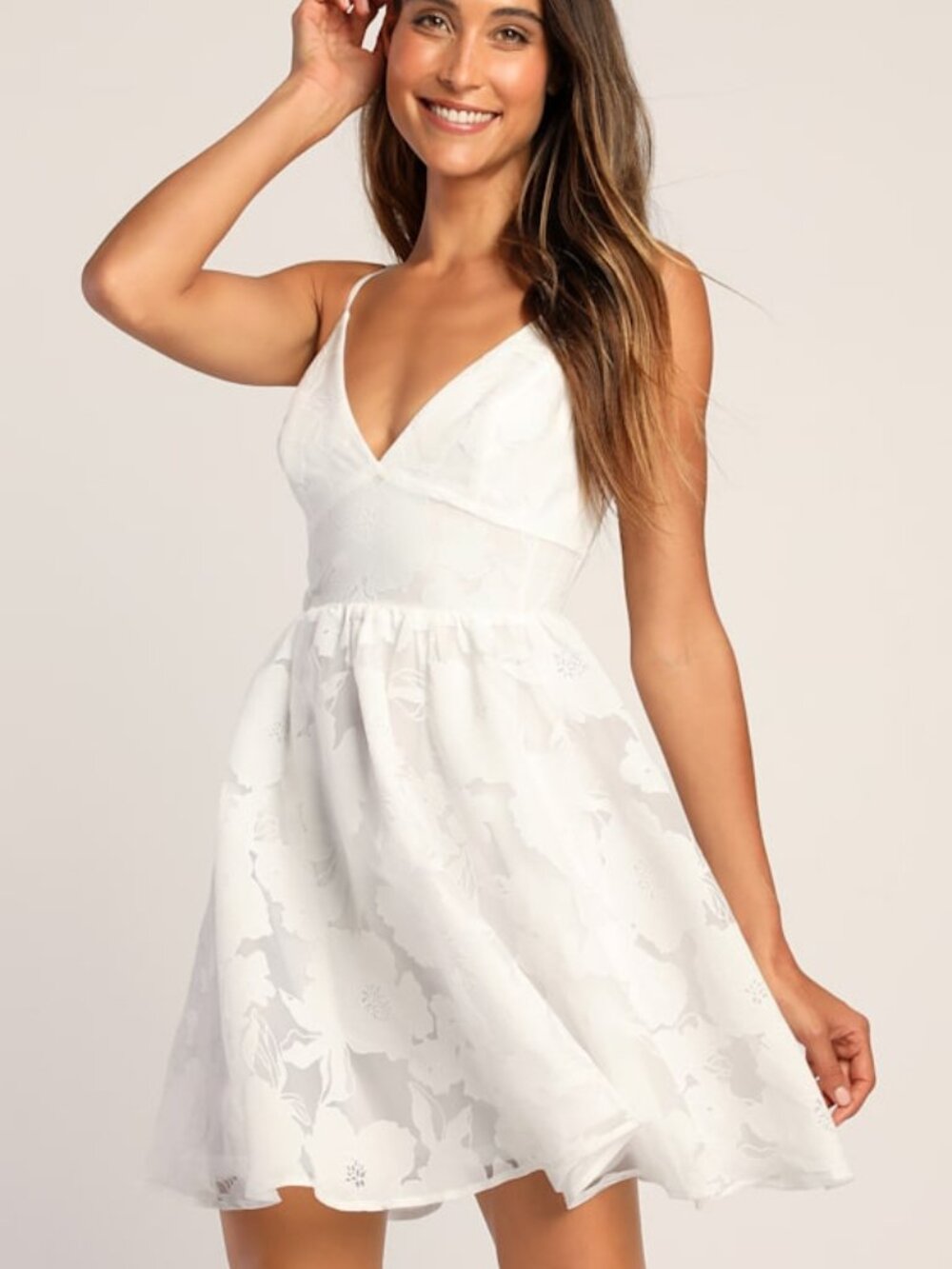Lulus Floral Feelings White Floral Jacquard Babydoll Mini Dress - Size XL